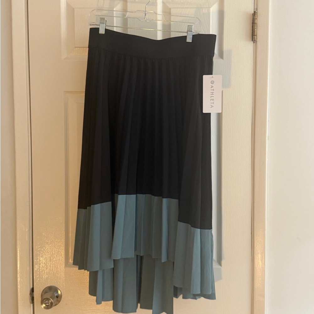 Athleta Black with Slate-Blue Contrast Pleated High-Low Skirt